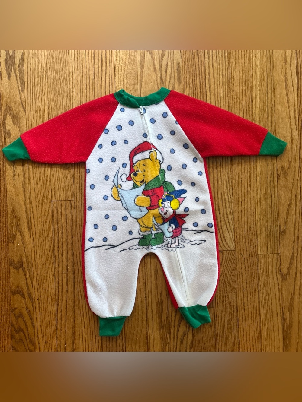 Vtg 90s Winnie the Pooh Sz 6-12 Mo. Fleece One Piece Pajamas Piglet Christmas